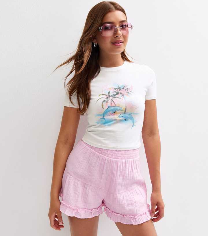 Girls White Dolphin Paradise Print Baby Tee T-Shirt