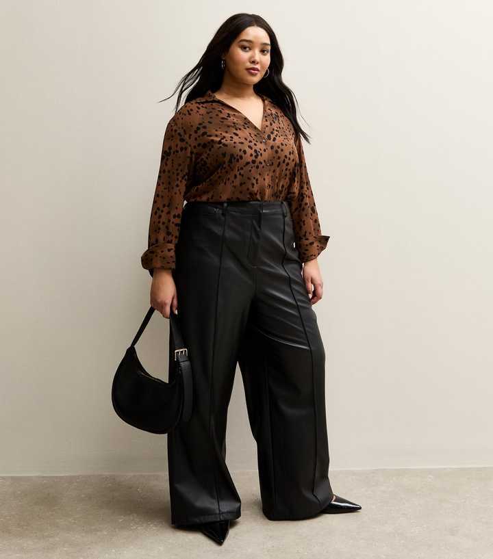 Curves Black Wide Leg Faux Leather Trousers