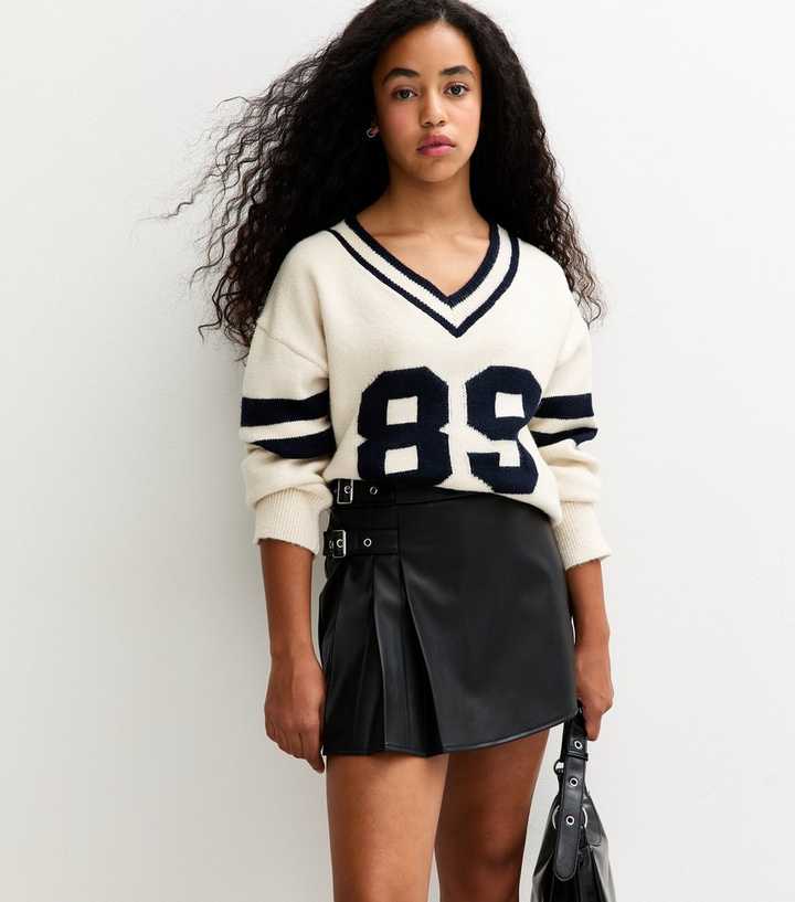 Girls Black Faux Leather Kilt Skort