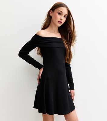 Girls Black Bardot Ribbed Long Sleeve Dress