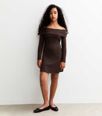 Girls Dark Brown Bardot Ribbed Long Sleeve Dress