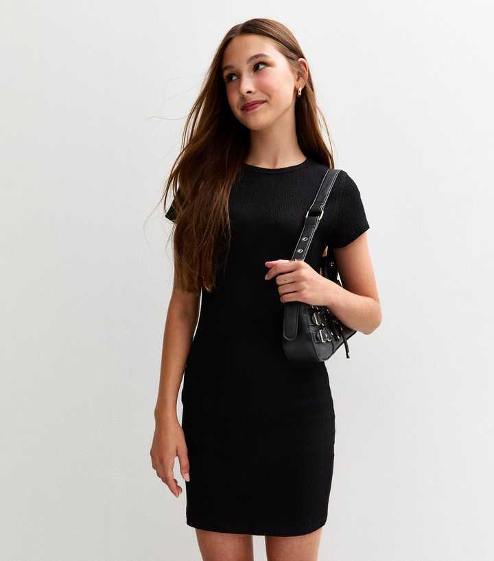 Girls Black Textured Shirred T-Shirt Dress