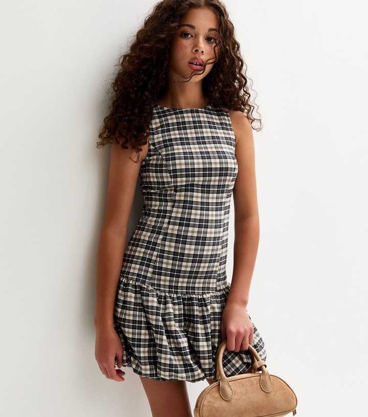 Girls Black Checked Puffball Short Sleeve Dress