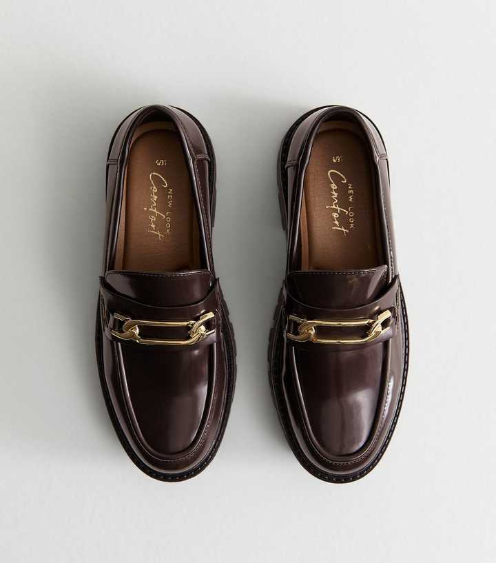Brown Faux Leather Chain Link Chunky Loafer