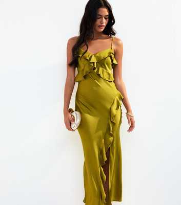 Olive Green Frill Satin Midi Slip Dress