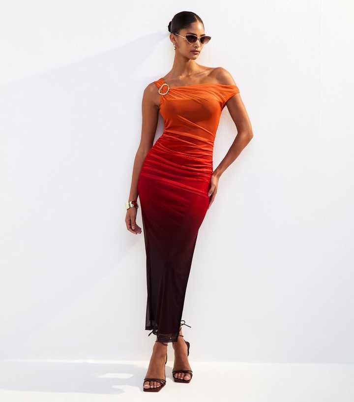 Orange Ombre Mesh Off Shoulder Midi Dress