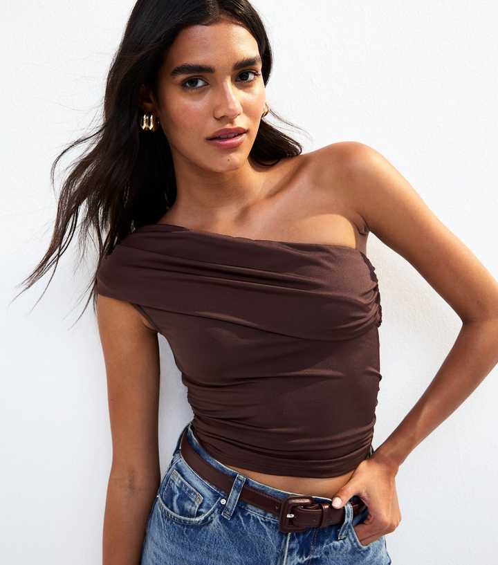 Brown Ruched One Shoulder Top