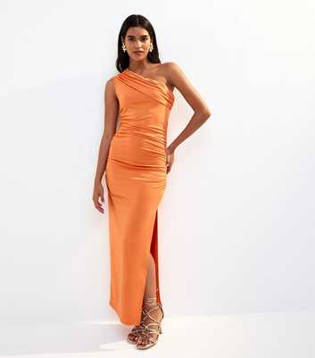 Orange Ruched One Shoulder Slit Hem Midi Dress