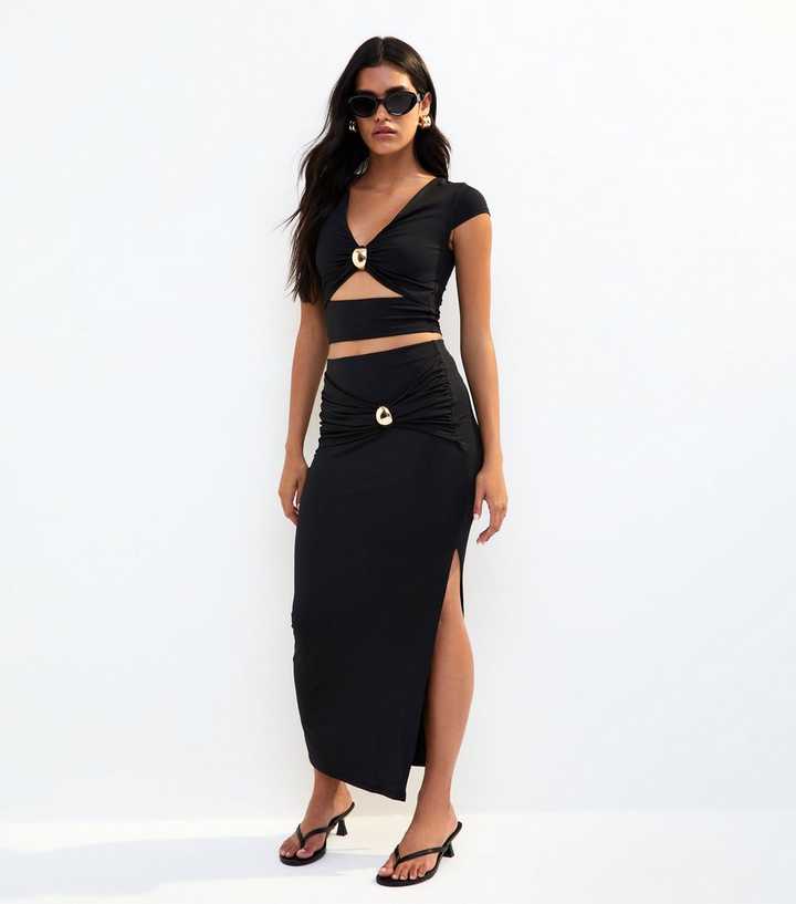Black Split Hem Midi Skirt
