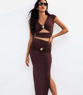 Brown Split Hem Midi Skirt
