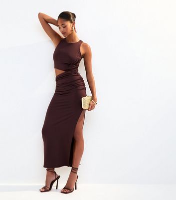 brown midi cut out dress River Island cut out roll neck midi dress in dark brown