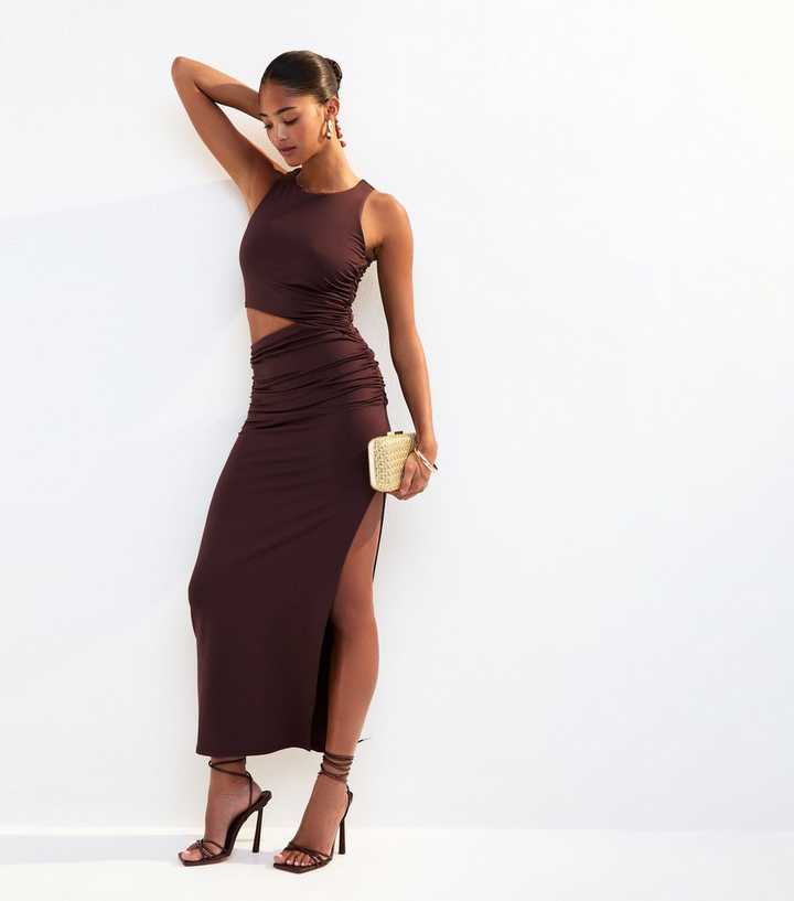 Dark Brown Jersey Ruched Cut Out Midi Dress