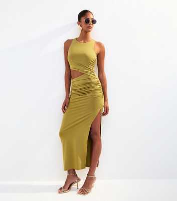 Olive Jersey Ruched Cut Out Midi Dress