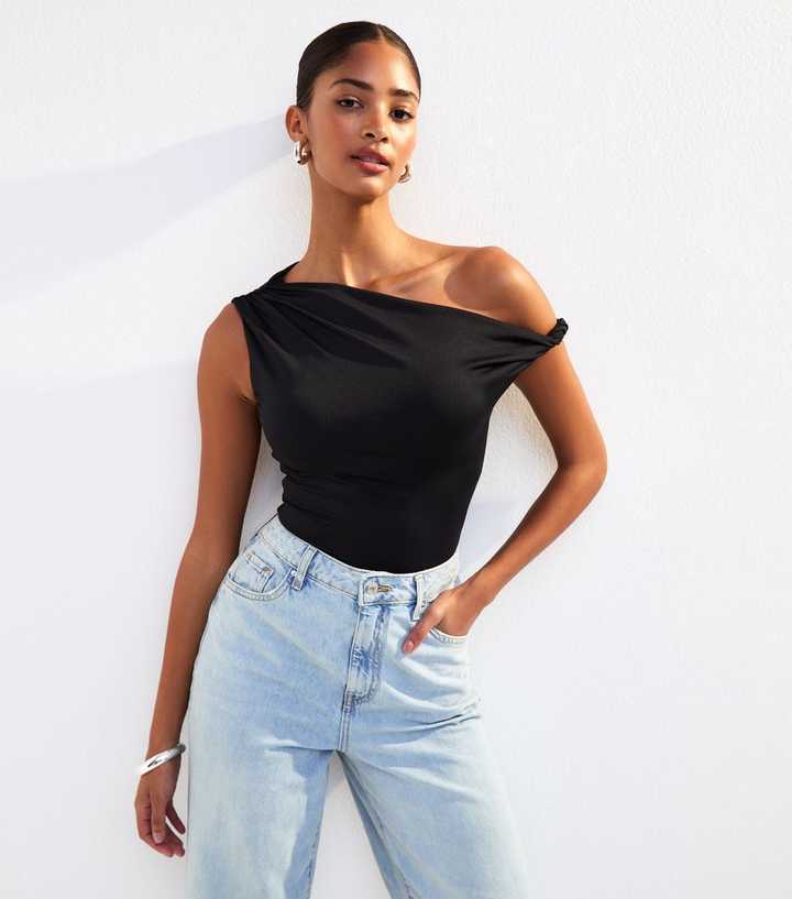 Black Twist Fallen Shoulder Bodysuit  
