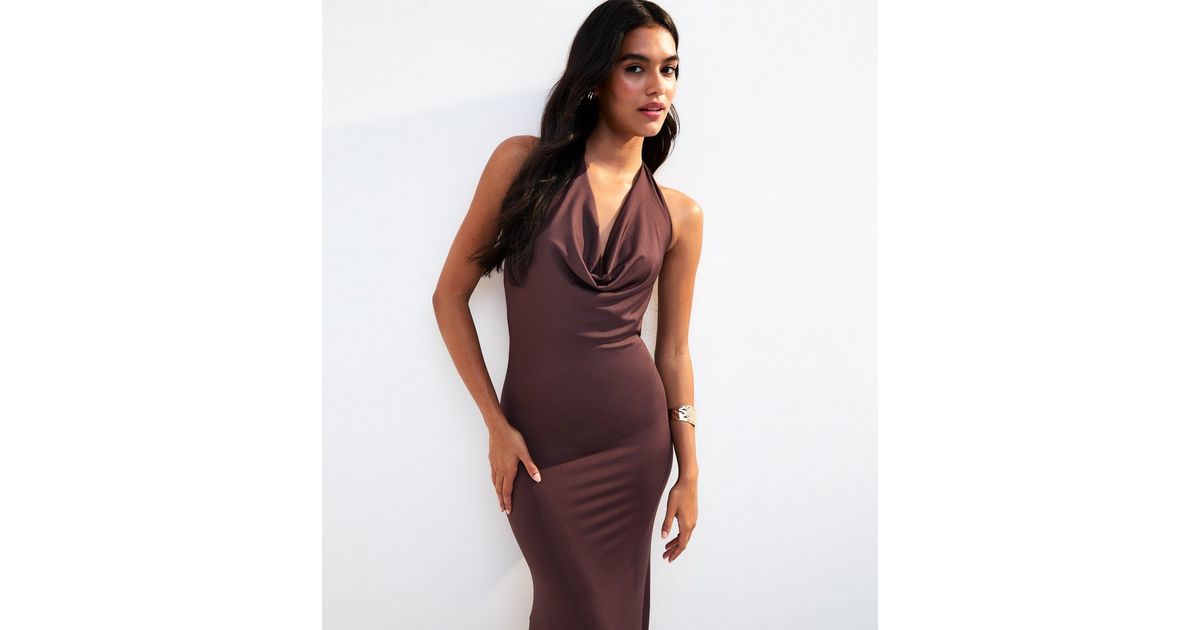Dark Brown Cowl Halterneck Midi Dress
