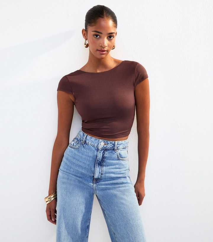 Dark Brown Scoop Back Jersey Cropped T-Shirt
