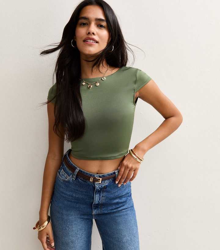 Khaki Scoop Back Jersey Cropped T-Shirt