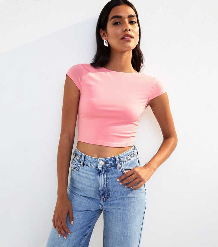 Light Pink Scoop Back Jersey Cropped T-Shirt