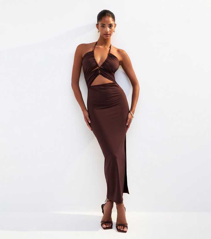 Dark Brown Halterneck Cut Out Midi Dress Dark Brown Halterneck Cut Out Midi Dress