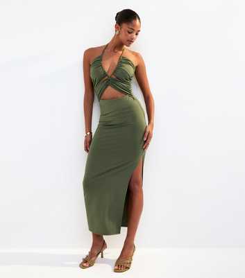 Dark Khaki Halterneck Cut Out Midi Dress