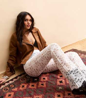 White Semi-Sheer Floral Lace Kick Flare Trousers