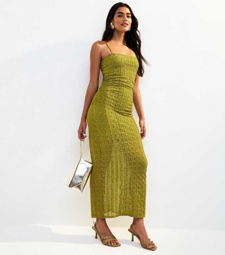 Light Khaki Lace Strappy Midi Dress