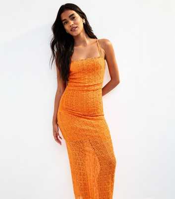 Bright Orange Lace Strappy Midi Dress