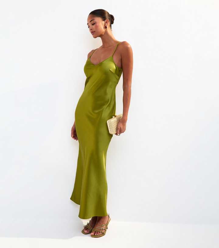 strapless open back dress True Icon Olive Satin High-Neck Maxi Slip Dress With Sash  Club L London