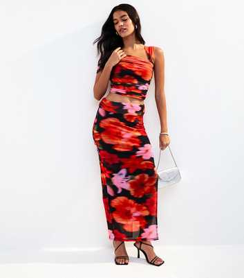 Black Blurred Hibiscus Print Mesh Midi Skirt