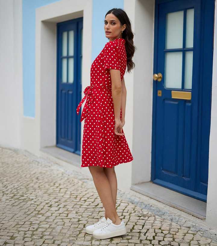 Ladies Dresses New Look Spotty Dress Pink Polka Dot Print Lace Trim Midi  Dress