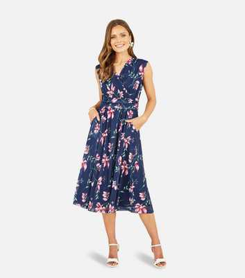 Yumi Blue Floral Sleeveless Wrap Midi Dress