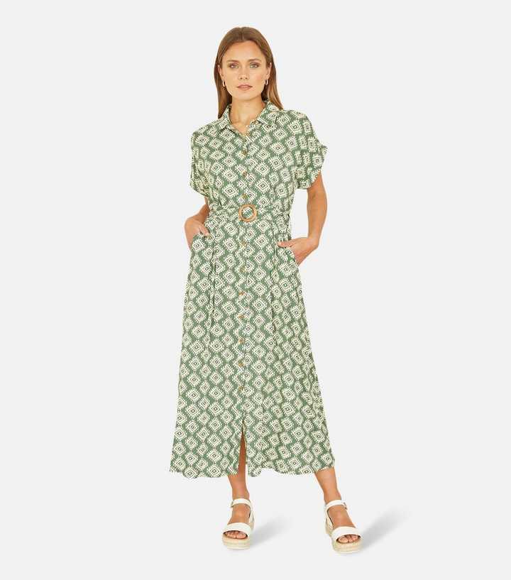Yumi Green Patterned Midi Shirt Dress