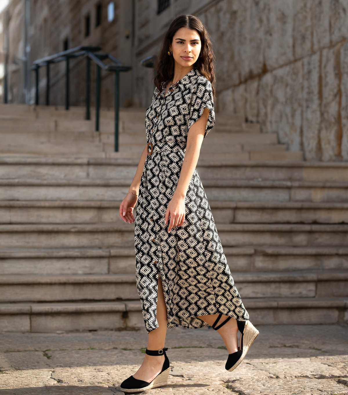 Yumi Women's Black Pattern Ed Midi Shirt Dress​​​​​​​ New Look Uk Size 18