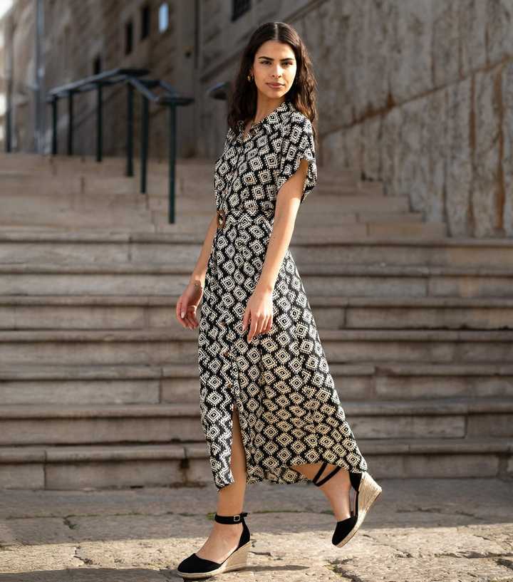 Yumi Black Patterned Midi Shirt Dress​​​​​​​