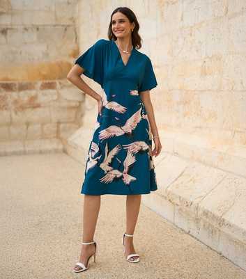 Yumi Teal Bird Print Midi Dress