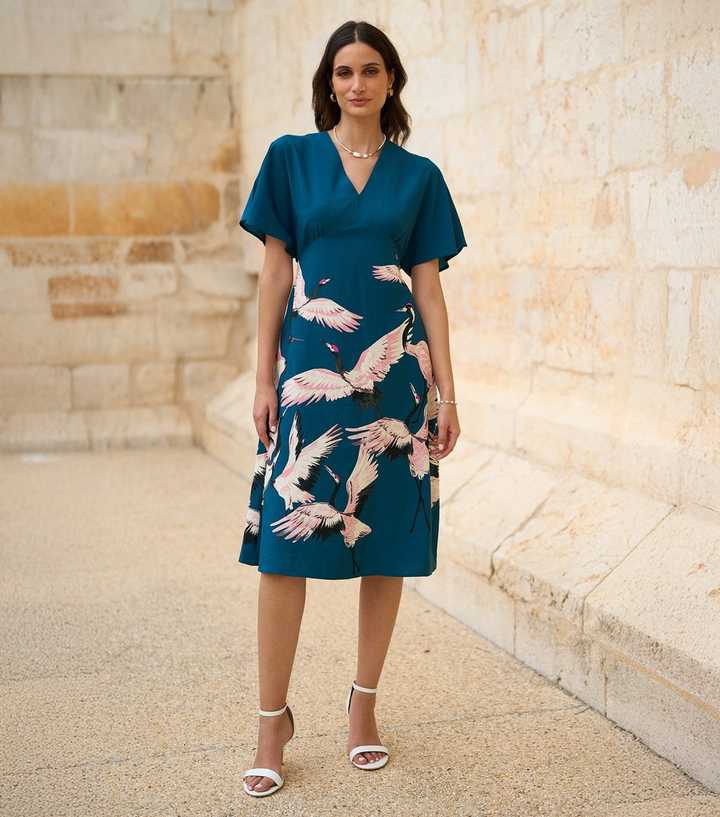 Yumi Teal Bird Print Midi Dress | New Look