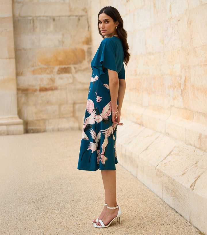 Yumi Teal Bird Print Midi Dress