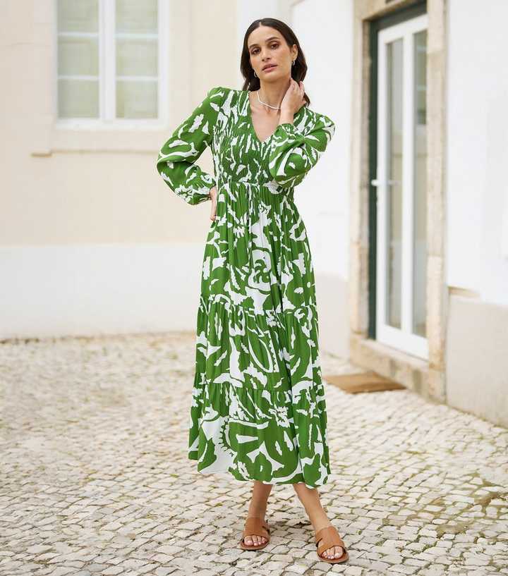 Yumi Green Leaf Print Long Sleeve Maxi Dress Yumi Green Leaf Print Long Sleeve Maxi Dress