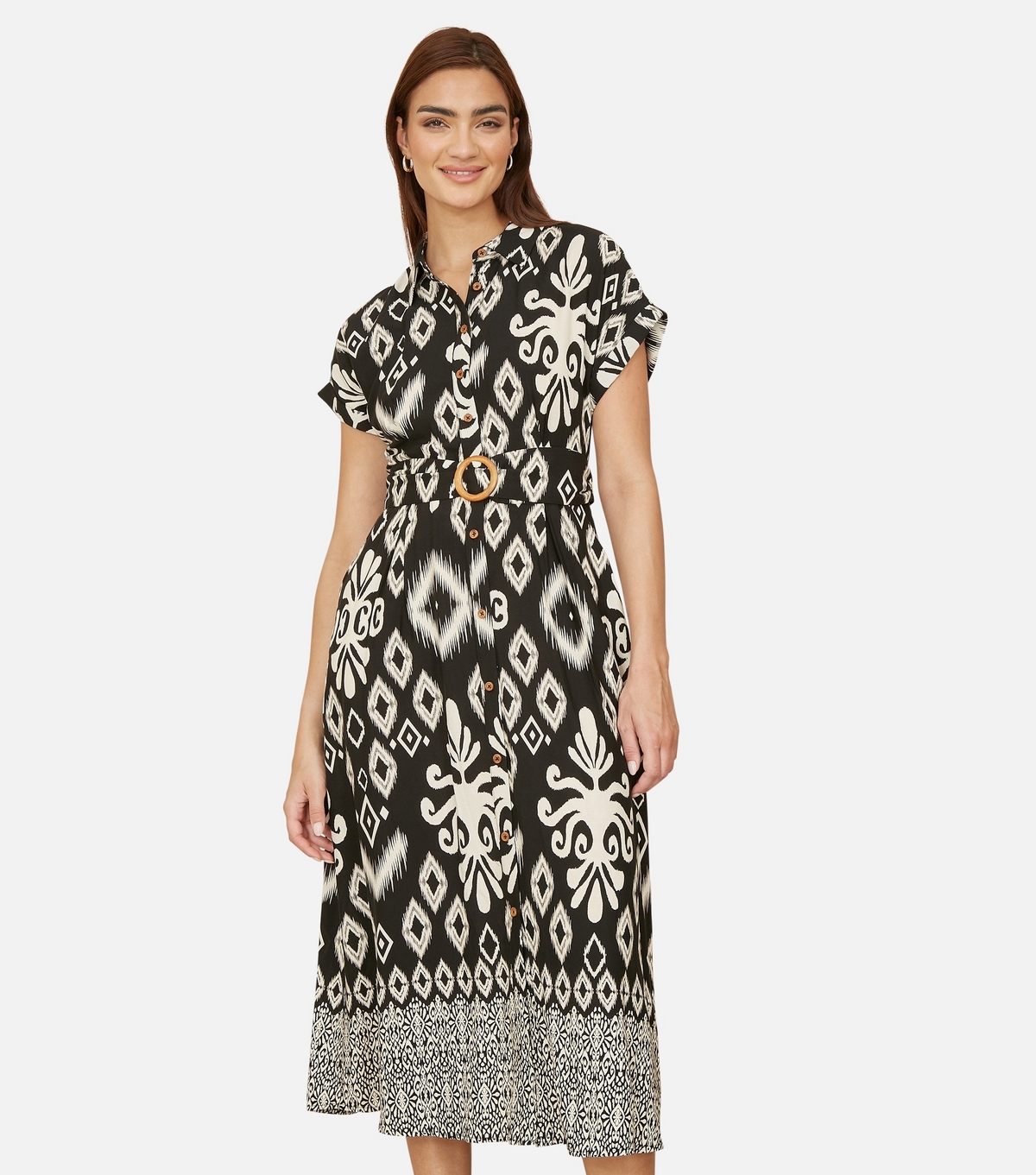Yumi Women's Black Pattern Ed Midi Shirt Dress New Look Uk Size 12