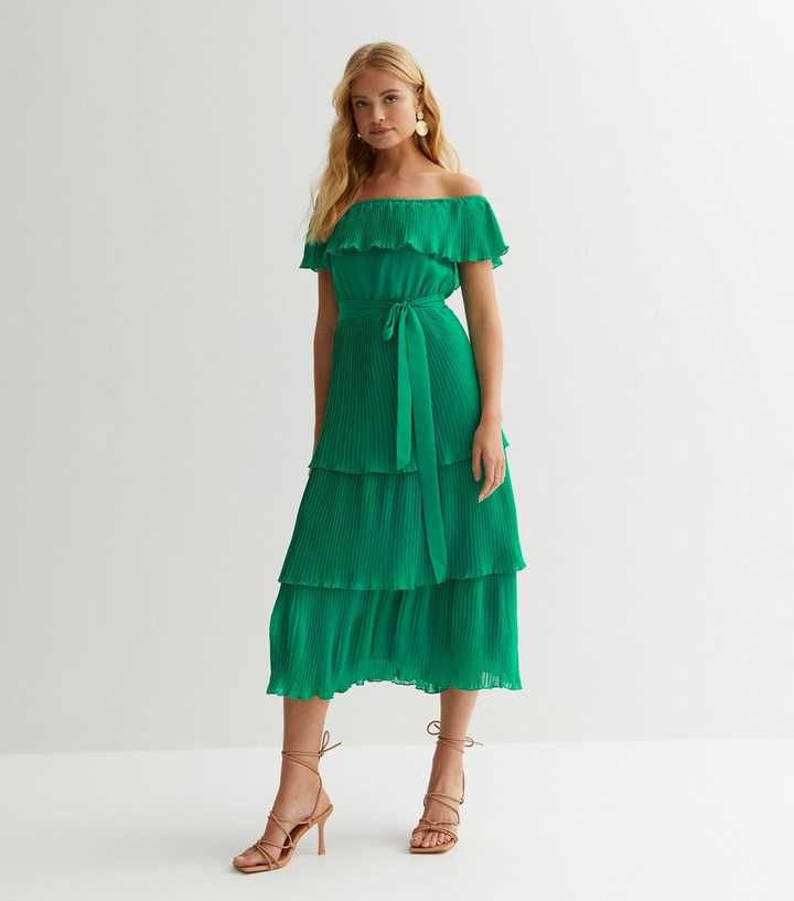 Gini London Green Pleated Bardot Midi Dress