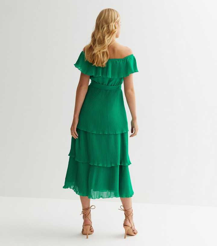 Gini London Green Pleated Bardot Midi Dress | New Look