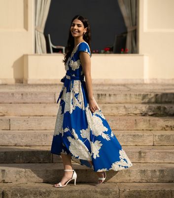 Yumi Blue Floral Print Wrap Front Dress