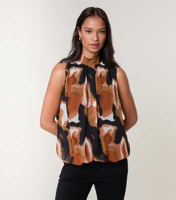 Blue Vanilla Black Abstract Print High Neck Puffball Top
