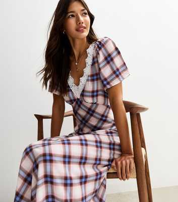 Cream Check Pattern Lace Trimmed Midi Dress