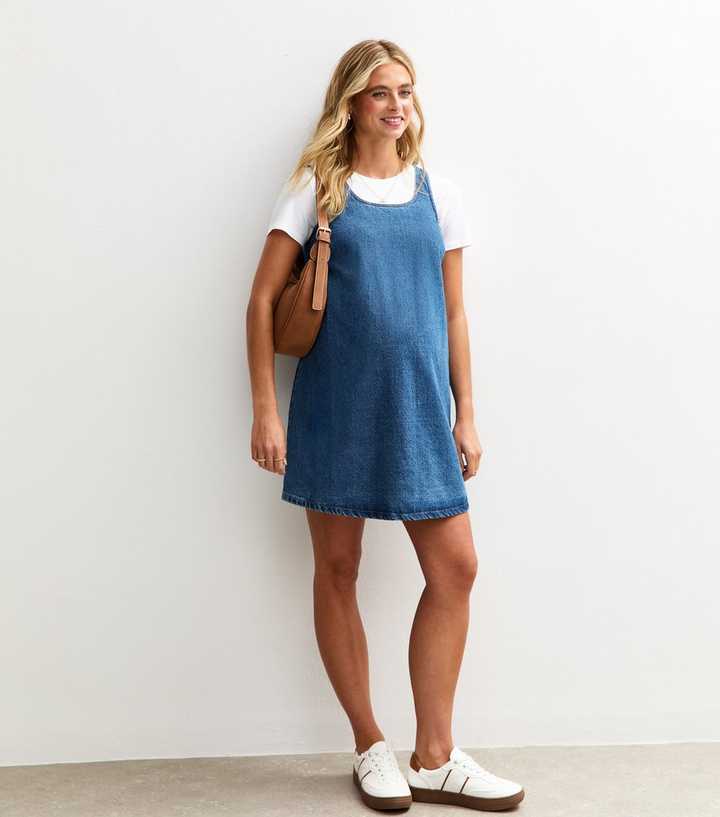maternity denim pinafore dress Mid Wash Maternity Denim Pinafore Dress