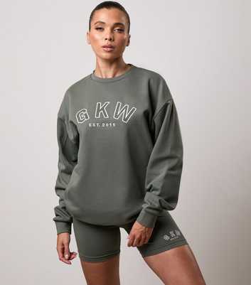 Gym King Light Khaki Logo Embroidered Oversized Crew Neck Sweatshirt