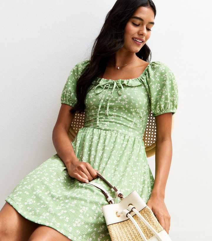 Green Ditsy Print Jersey Milkmaid Mini Dress