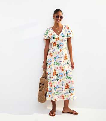 Cream Fish Print Textured Puff Sleeve Midi Dress