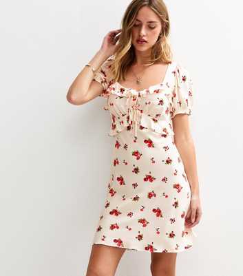 Cream Rose Print Milkmaid Mini Dress