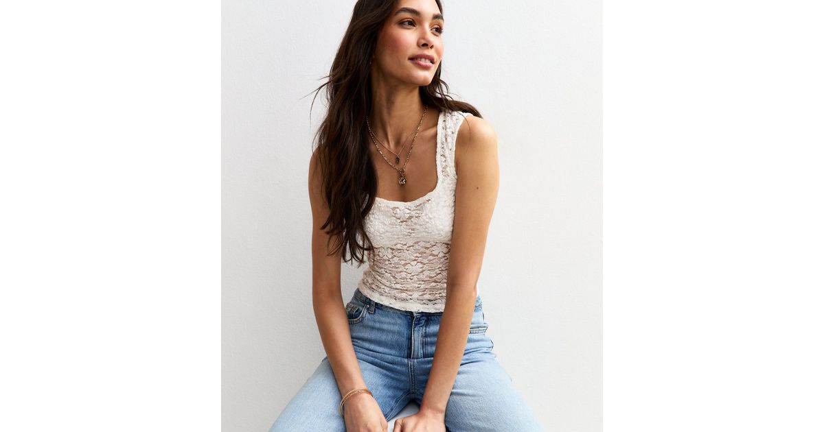 Off White Semi Sheer Lace Textured Top | New Look